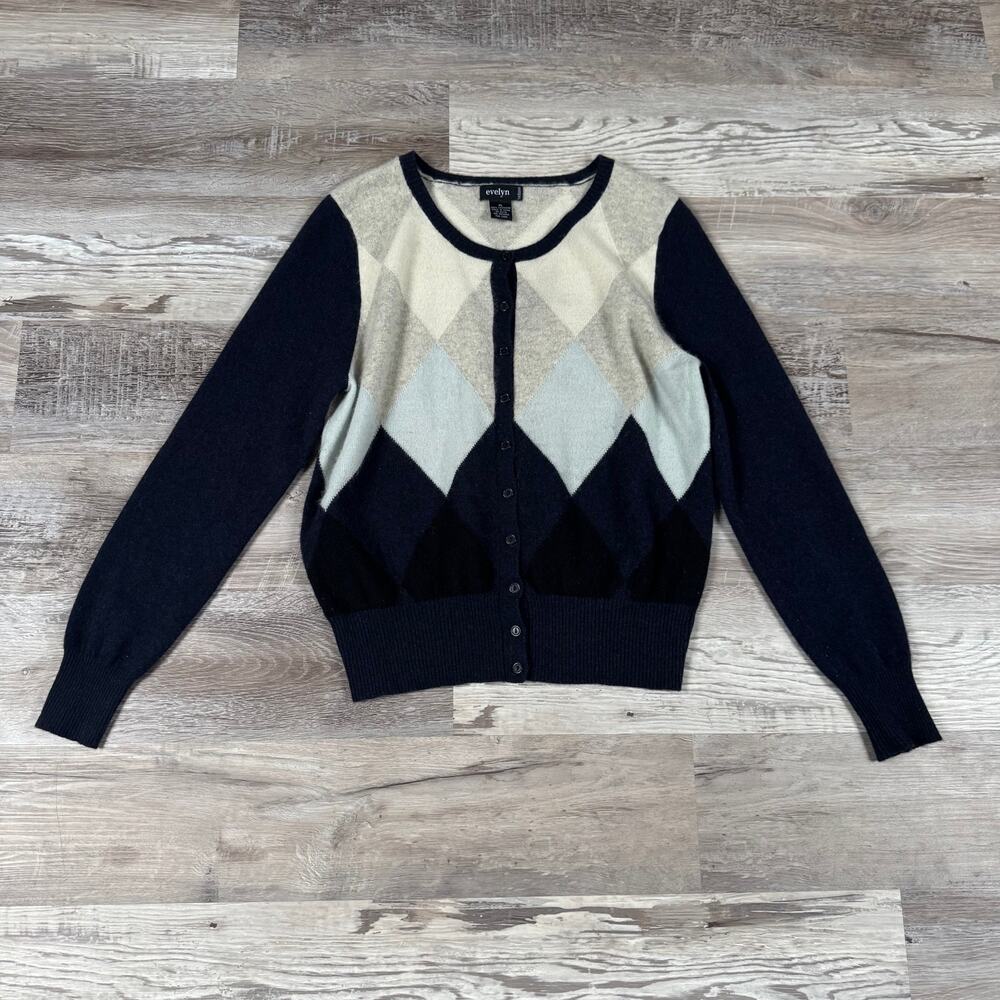 Vintage Y2K Cashmere Argyle Cardigan Navy Cream Preppy Old Money Academia XL